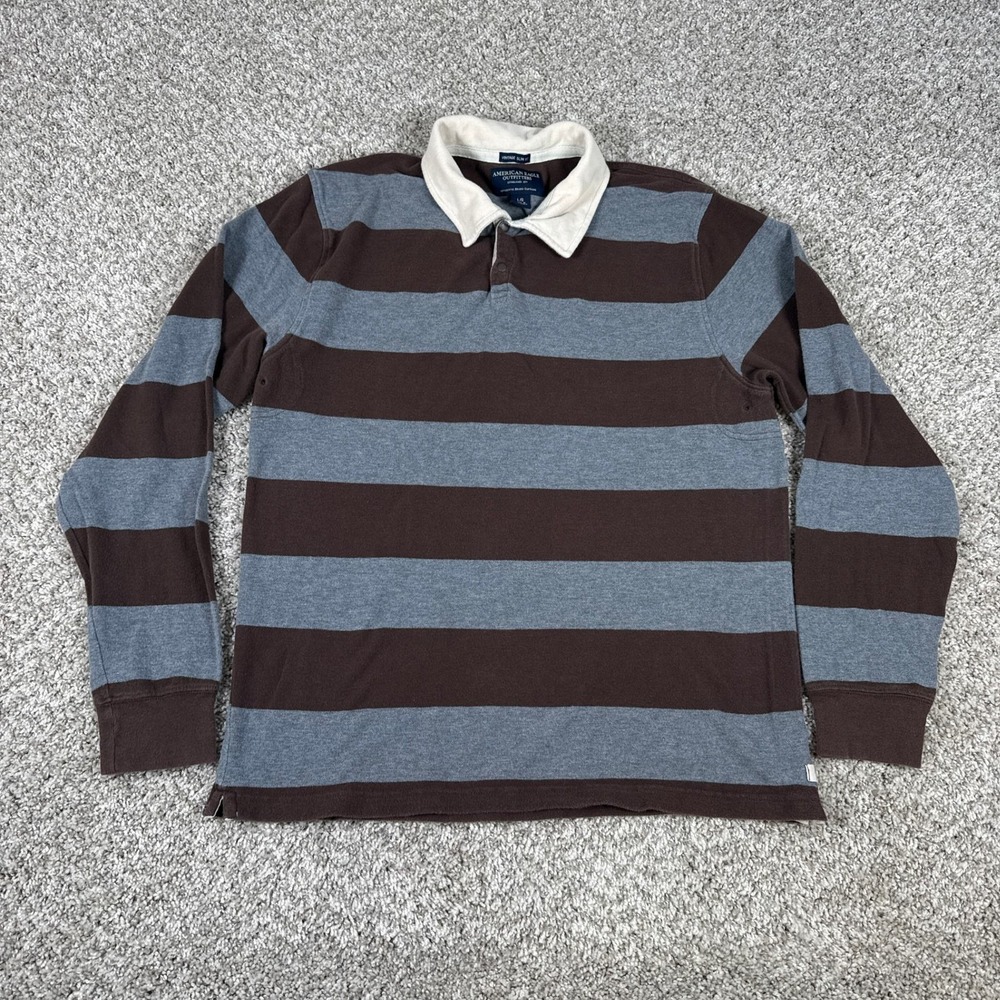 American Eagle Outfitters Rugby Polo Shirt Mens L Brown Gray Striped Long Sleeve